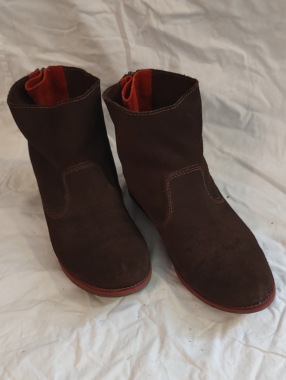 Yellow Box Brown Suede Ankle Boots with Red Accents